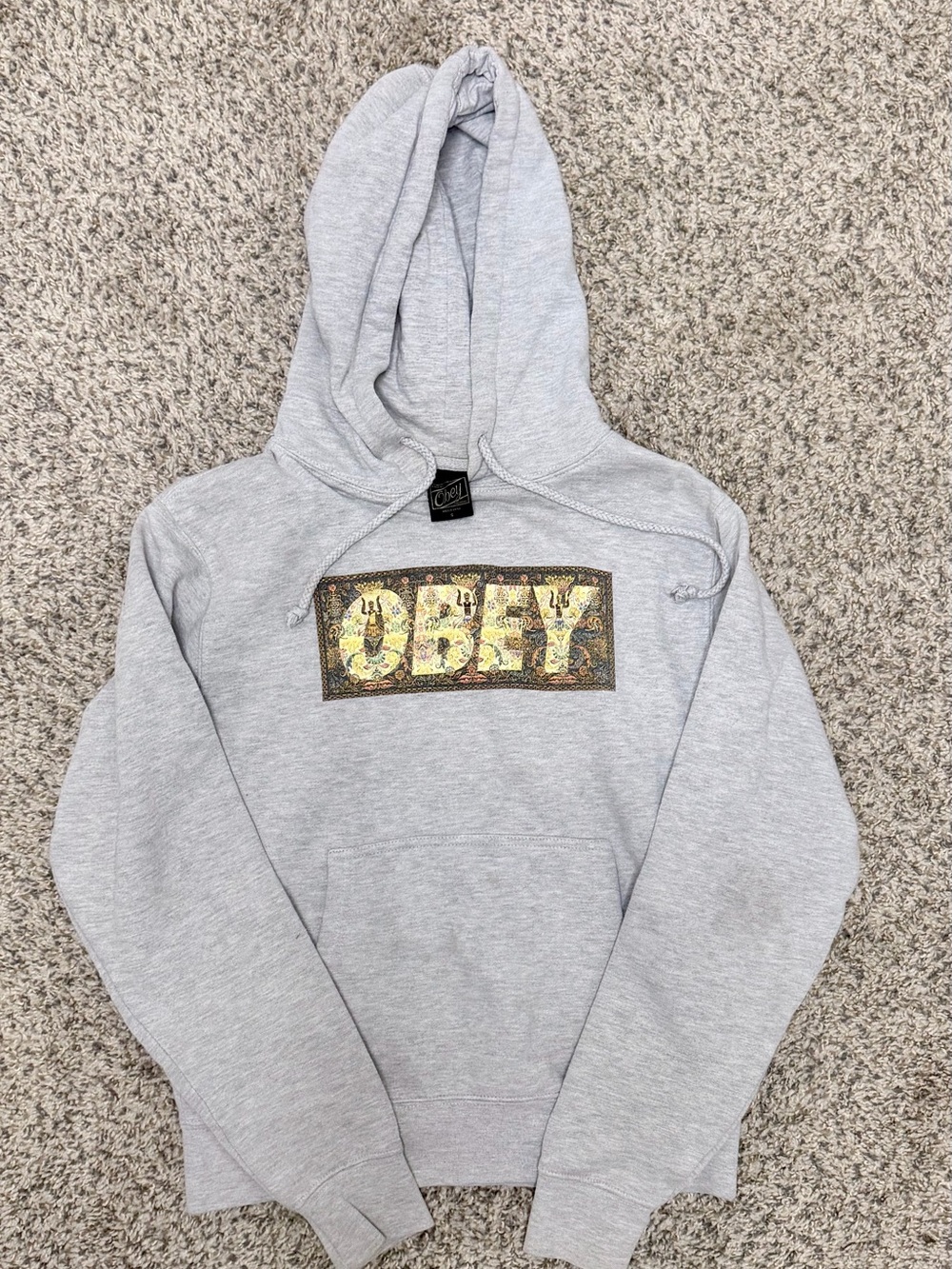 Obey Light Gray Crewneck Hoodie with Aztec Box Logo - Size Small